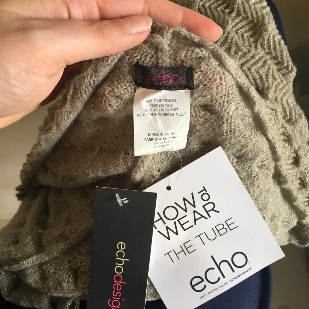 Anthropologie Infinity Scarf Echo The Tube Crochet NWT Grey Tan Neutral